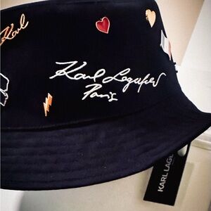 Karl Lagerfeld Trendy Black Bucket Hat with Embroidered Logo & pins